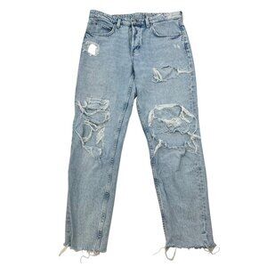 & Denim Distressed Boyfriend Jeans Frayed Cuffed Light Wash Button Fly Size 6